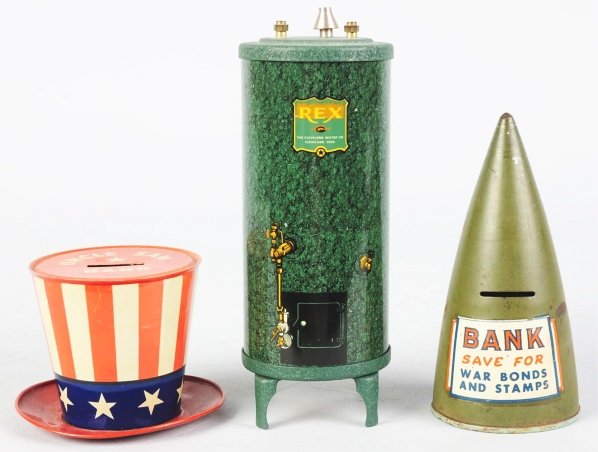 Lot of 3: Tin Litho Still Banks.: Includes one Chein Uncle Sam hat bank, one Rex heater bank, and one War Bond shell bank. Some scratching and wear overall. Condition (Very Good). Size Largest: 7 - 1/2" T.