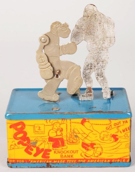 Tin Litho Chein Popeye Character Knockout Bank.: American. Two flat metal figures of Popeye and Brutus fighting. Nice lithographed characters around sides of base. Original trap. Some slight denting and scratching. Condition (Very Good). Size 4 - 1/