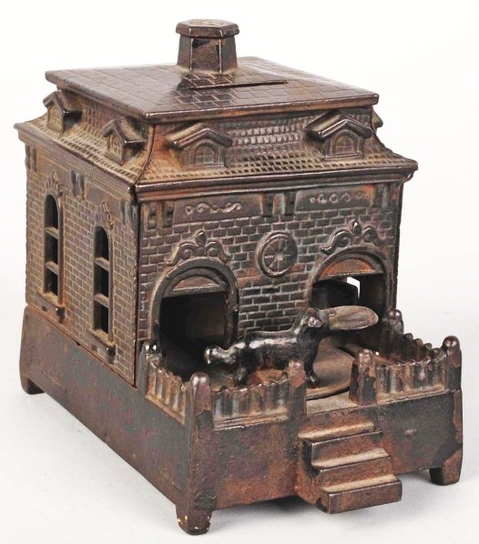 Cast Iron Dog on Turntable Mechanical Bank.: Manufactured by H.L. Judd Mfg. Company. Working. Condition (Excellent). Size 5 - 1/2" L.