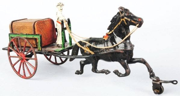 Cast Iron Horse-Drawn Wagon Toy.: American. Flat figure pulled by one horse and figure sits on piece of wood (possibly replaced). Also includes wooden box. Some paint loss and wear to figure, wheels, and horse. Condition (Very Good). 