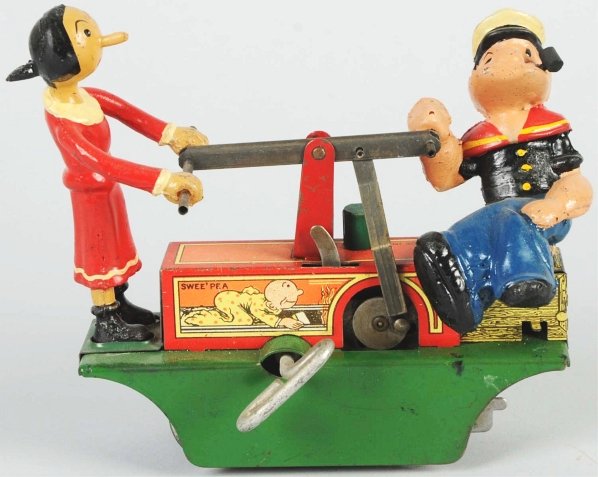 Tin Litho Marx Popeye Handcar Wind-Up Toy.: American. Working. Replacement figures. Nice lithography of Sweet Pea on top of handcar. Very little wear overall. Condition (Very Good). Size 6 - 1/4" L.