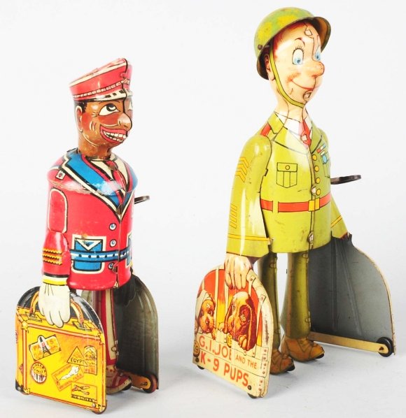 Lot of 2: Tin Character Walking Wind-Up Toys.: American. Working. Includes one Marx Red Cap Porter and one Unique Art G.I. Joe and the K-9 Pups. Both toys have some scratching and wear. Condition (Very Good). Size Largest: 9" T.