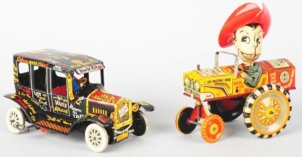 Lot of 2: Tin Litho Marx Automobile Wind-Up Toys.: American. Working. Includes Milton Berle Whoopee car with plastic hat and metal head and body and one Jalopy with separate lithographed driver. Milton Berle car has some fading and both have some scra