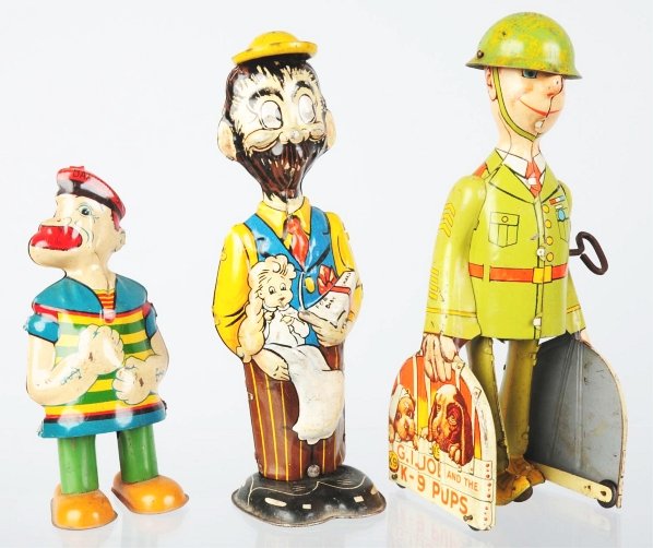 Lot of 3: Tin Litho Walking Wind-Up Toys.: American. Working. Includes one Chein Barnacle Bill, one Unique Art G.I. Joe with original hat, and one Marx B.O. Plenty with original hat. Various conditions. Condition (Very Good). Size Largest: 8 -