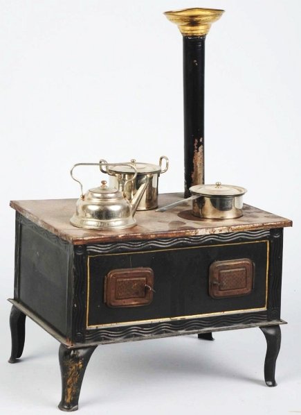 Tin Bing Child's Toy Stove.: German. Comes with stack, two pots with lids, and one tea kettle with lid. Some overall scratching and wear. Condition (Very Good). Size 14" T with stack.