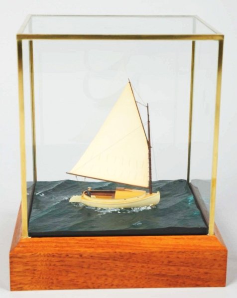 Cat Boat Wooden Boat Model by David Kolaga.: Scratch-built using Degama birch and boxwood. Condition (Very Good - Excellent). Size Case: 10" T.