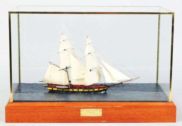 Wooden Model Boat "Niagara" by David Kolaga.: Scratch-built wooden boat model made with birch, Digama, walnut, and boxwood. Condition (Excellent). Size Case: 158 - 1/2" L.