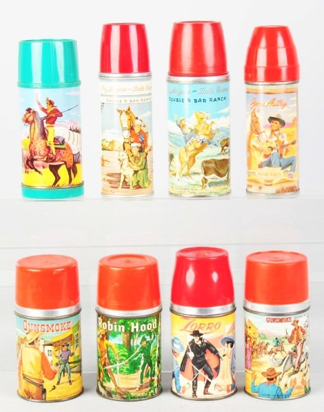 Lot of 8: Vintage Lunch Box Thermoses.: Made by Universal, Holtemp, Aladdin, and others. Includes two Gunsmoke, one Pathfinder, two Roy Rogers, one Gene Autry, one Robin Hood, and one Zorro. Various conditions. Condition (Very Good). Size L