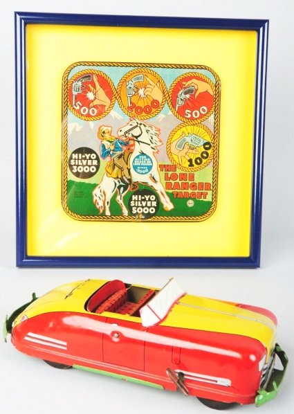 Lot of 2: Tin Litho Toy Items.: American. Includes one Wyandotte pressed steel convertible automobile with retractable roof and opening trunk. Also includes one Marx Lone Ranger target, missing gun and darts, marked "1938 Lone Range