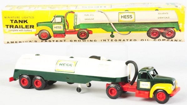 Hess Tank Trailer Truck Battery-Op Toy.: This was the first Hess truck made. Comes with hose. Truck has some wear Includes original box marked "Made in the British Colony of Hong Kong". Box has some creasing and paper loss. Condition (Very G
