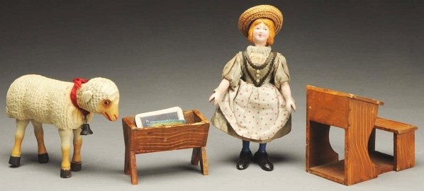 Schoenhut Mary, Lamb, Desk, and & Trough.: Lamb has glass eyes. Condition (Excellent). Size Largest: 8 - 1/2" T.