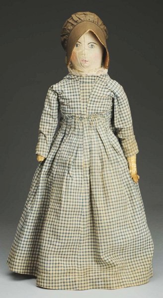 Primitive Cloth Doll.: Painted face with center seam (wear on eyes, possible touch up on cheeks and mouth), no wig; all-cloth body with leather arms (one hand missing), antique white cotton undies, checkered dress, silk bon