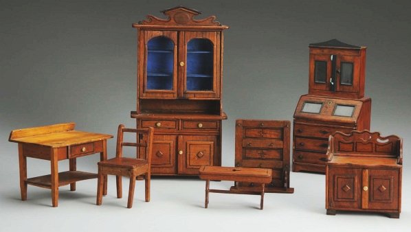 Handmade Set of Doll Furniture.: Antique set appears to be hand made with nice painted detail and carving; hutch with glass doors in top, drop front desk with glass inlay and drawers, wall coat rack, wash stand with drawer and shelf,