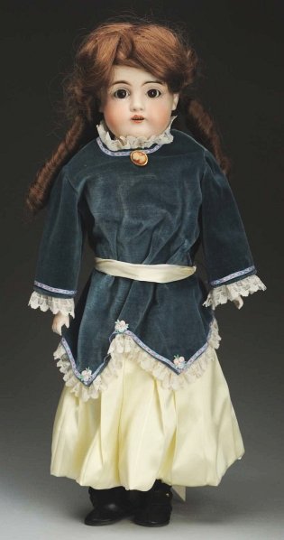 German Bisque Child Doll.: Socket head incised “11 Dep 154” made by J.D. Kestner, multi-stroked upper eyebrows, painted upper and lower eyelashes, sleeping eyes (upper eyelid wax), replaced wig; kid body (very worn, fingers