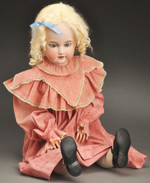 Large German Bisque Child Doll.: Bisque socket head incised “A 16 M” made by Armand Marseille, blue sleeping eyes, molded multi-stroked eyebrows, painted upper and lower eyelashes, open mouth with upper teeth, replaced mohair wig
