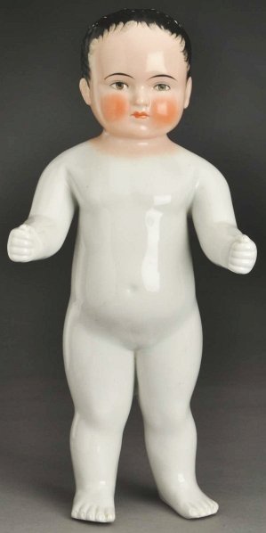 Large China Frozen Charlie Doll.: Fat, chubby fellow with pink tinted head, black painted hair with brushstrokes around his face (some wear on hair); beautifully painted face, tapered black one-stroked eyebrows, gray outlined eyes, bl