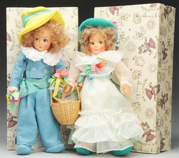 Lot of 2 Anili Felt Dolls.: Felt boy and girl dolls made by Anili, the daughter of Lenci, in Italy. Sweet matching pair dressed in felt and organdy outfits. All original with boxes. Size 14" T.
