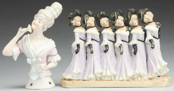 Lot of 2 German Porcelain Figures.: Beautiful and large china half doll lady incised 9521 with molded fancy hair, powdering her face, lovely detail of modeling and painting; bisque figurine featuring 6 Gibson Girls in fancy purple gown