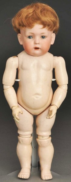 Cute German Toddler Character Doll.: Bisque socket head incised BSW in heart with B.P. in crossed swords, head made by Bahr & Proschild for Bruno Schmidt, flyaway eyebrows, sleeping eyes (eyelid wax missing from one), painted upper and l