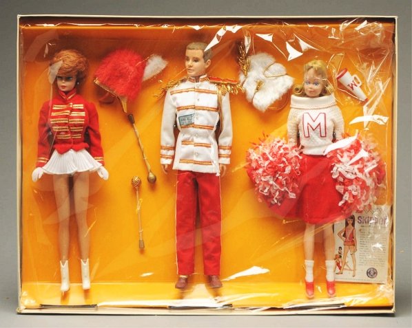 Barbie, Ken & Midge On Parade Gift Set.: 1963-1964 #1014. Bubblecut Barbie is all original in drum majorette costume with her fuzzy hat and gold baton; flocked-hair Ken with wrist tag wears his original drum major costume with fuzzy hat and 