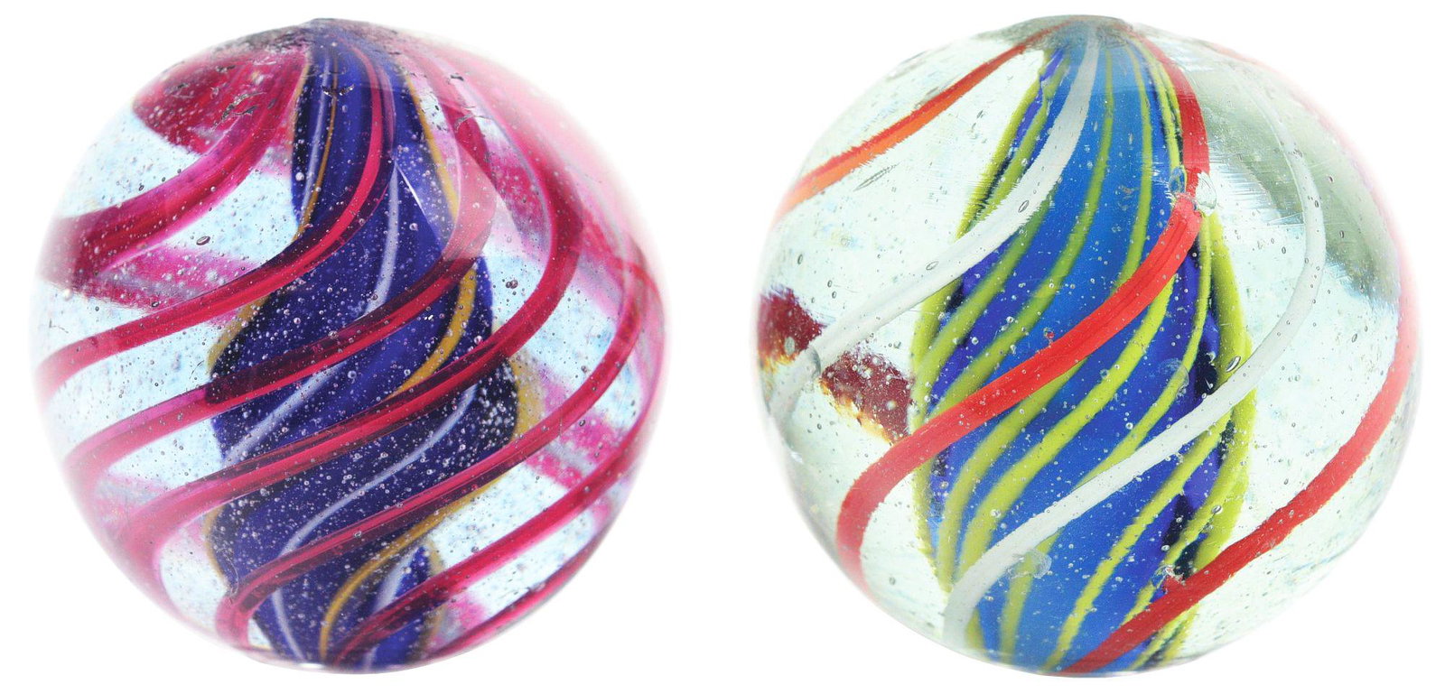 LOT OF 2: BLUE RIDGE CONE SWIRL AND BLUE SOLID CORE SWIRL MARBLES. (1 of 6)