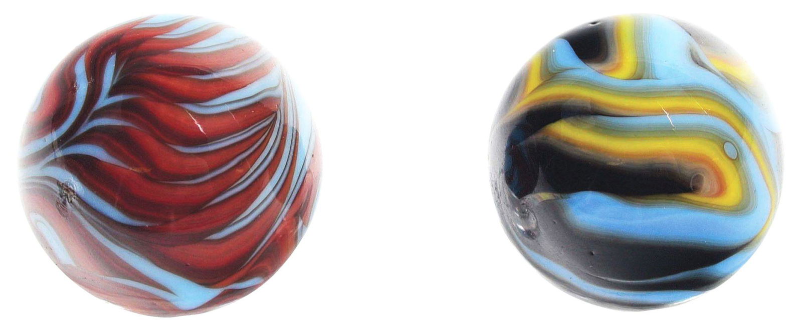 LOT OF 2: CHRISTENSEN AGATE TRI AND FOUR COLOR FLAME MARBLES. (1 of 6)