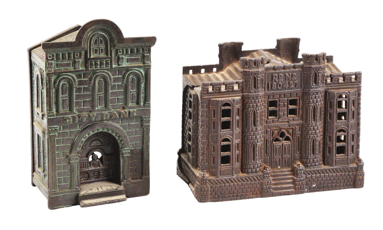 LOT OF 2: CAST IRON AMERICAN & EUROPEAN STILL BANKS. (1 of 5)