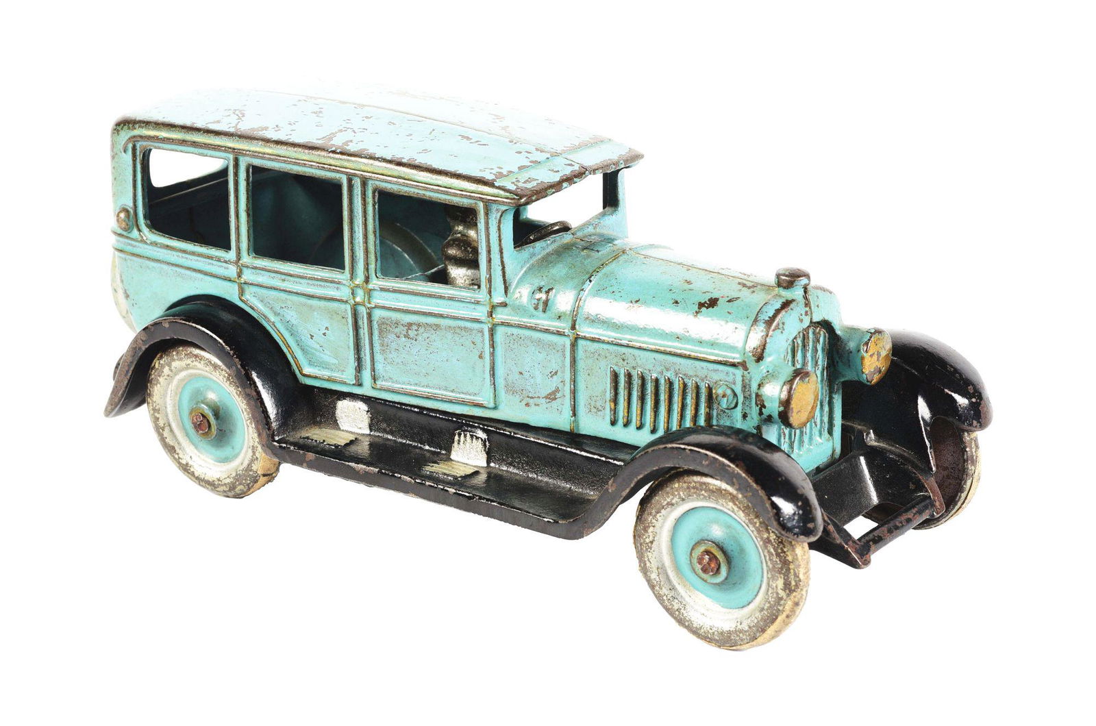 CAST IRON DENT SEDAN TOY WITH DRIVER. (1 of 3)
