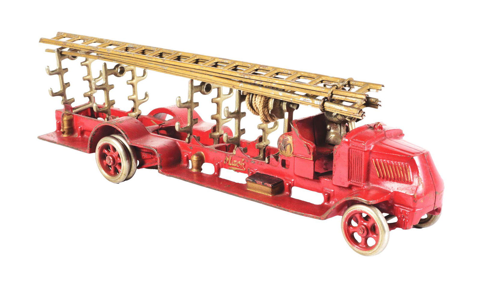 CAST IRON AN ARCADE TOY FIRETRUCK WITH LADDERS AND DRIVER. (1 of 3)