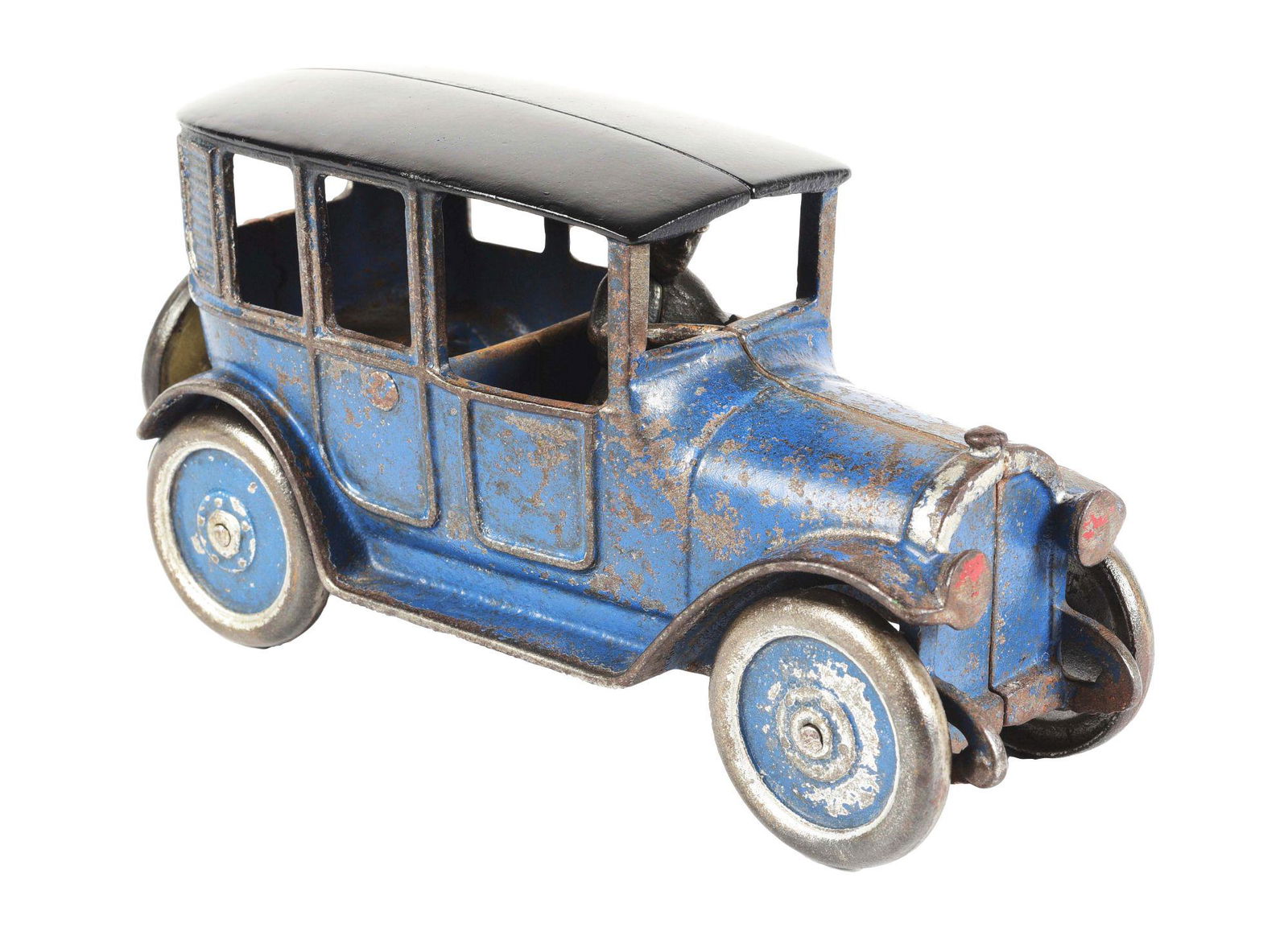 CAST IRON BLUE AND BLACK TAXI CAR. (1 of 3)