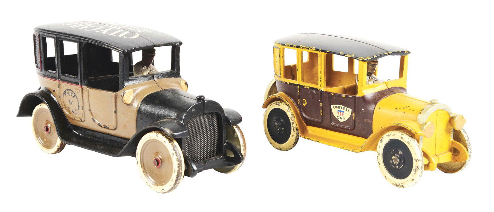 LOT OF 2: TAXI CABS.: (A) Arcade taxi cab, painted on the roof "City Cab Company Main 87 Sacramento, California." Professionally restored and lightly aged. (B) United Cab Hubley yellow and brown, restored and played with.