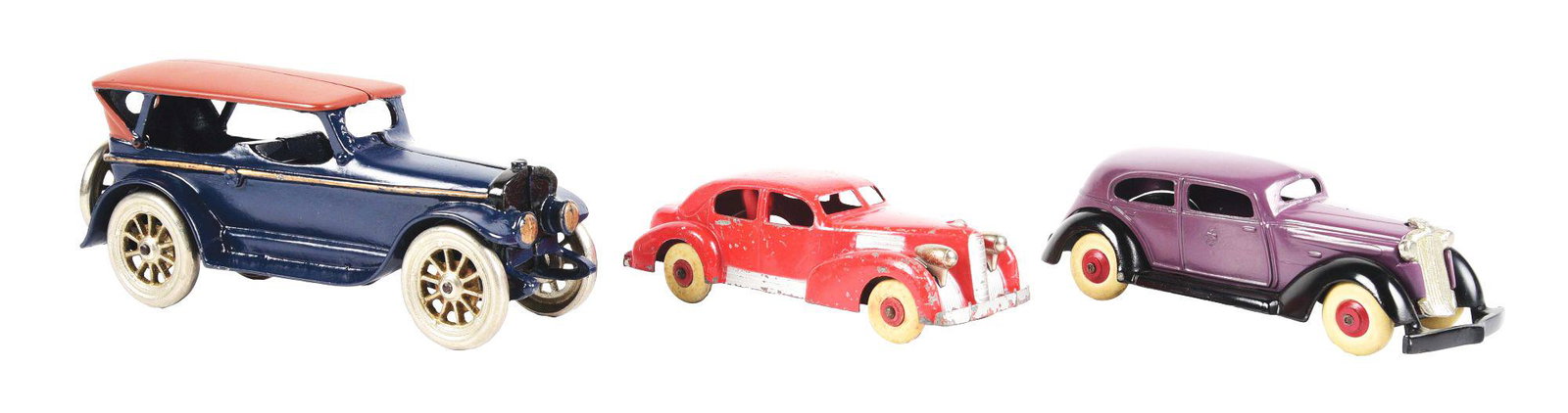 LOT OF 3: BLUE, RED AND PURPLE CAST IRON TOWN CARS. (1 of 3)