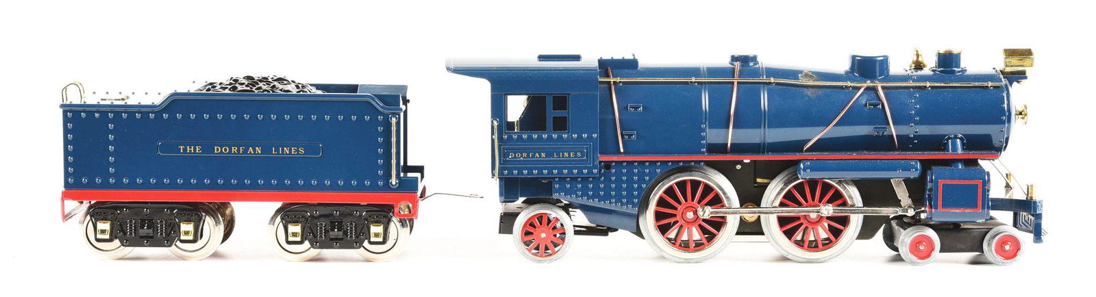 NO. 1134 DORFAN LINES ENGINE AND COAL TRAIN CAR.: MTH Ives No. 1134 Locomotive and Tender in excellent condition, no boxes. Condition: (Excellent). Dimensions: Largest: 15" x 3" x 5 - 1/4".