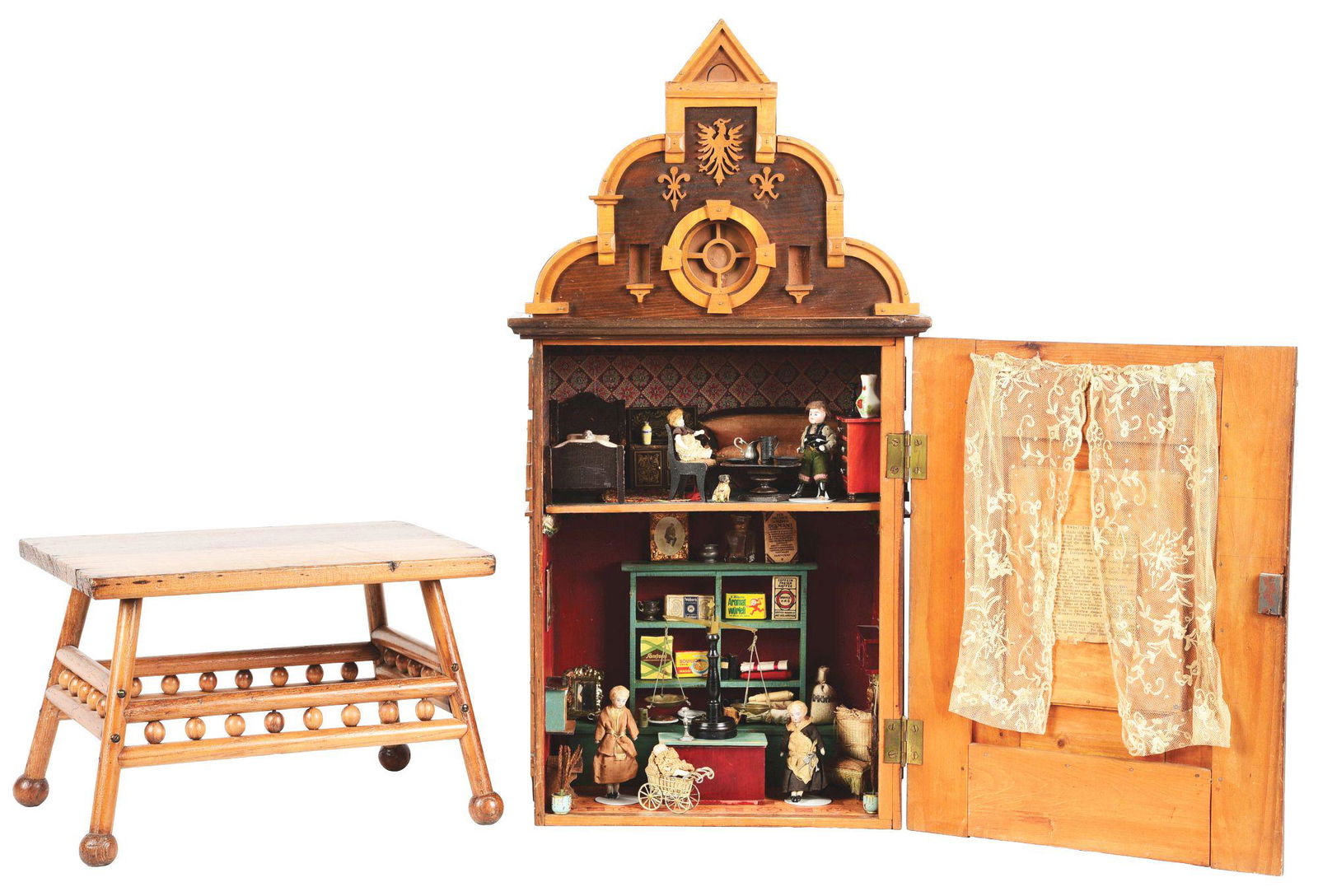 GERMAN CONVERTED DOLLHOUSE W/ ACCESSORIES, FURNITURE & DOLLS. (1 of 7)