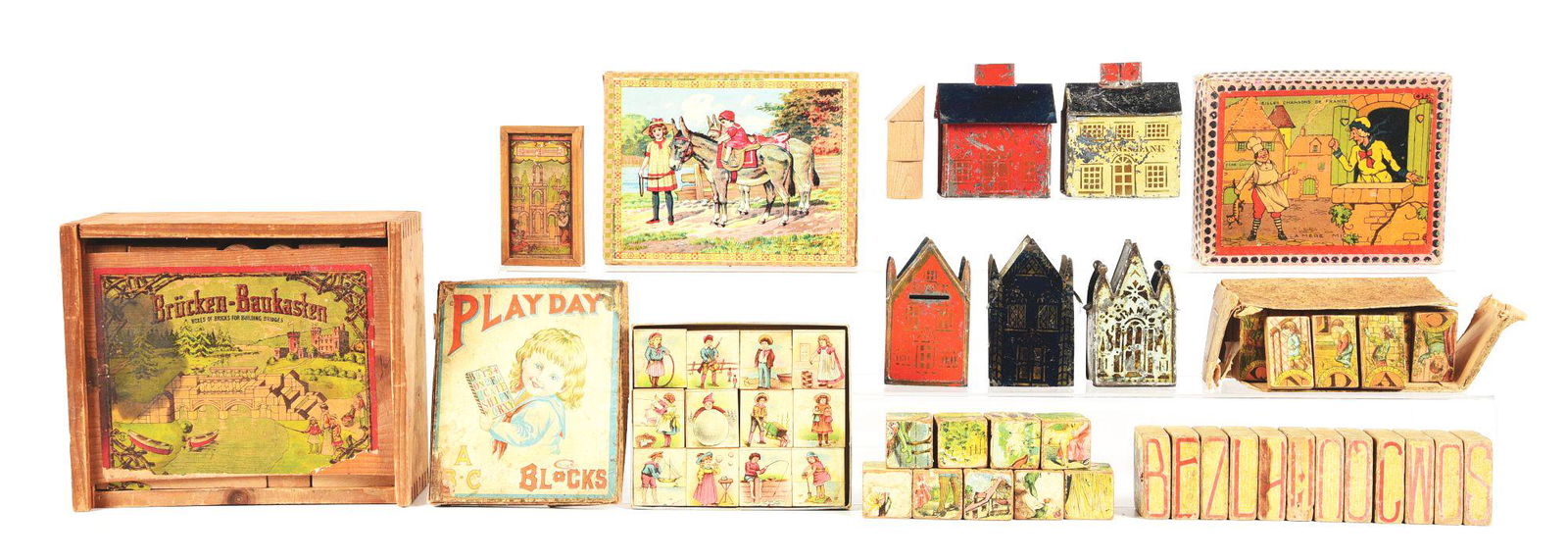 LOT OF 12: INTRIGUING LOT OF CHILDREN'S TOYS, BLOCKS & TIN BANKS. (1 of 1)