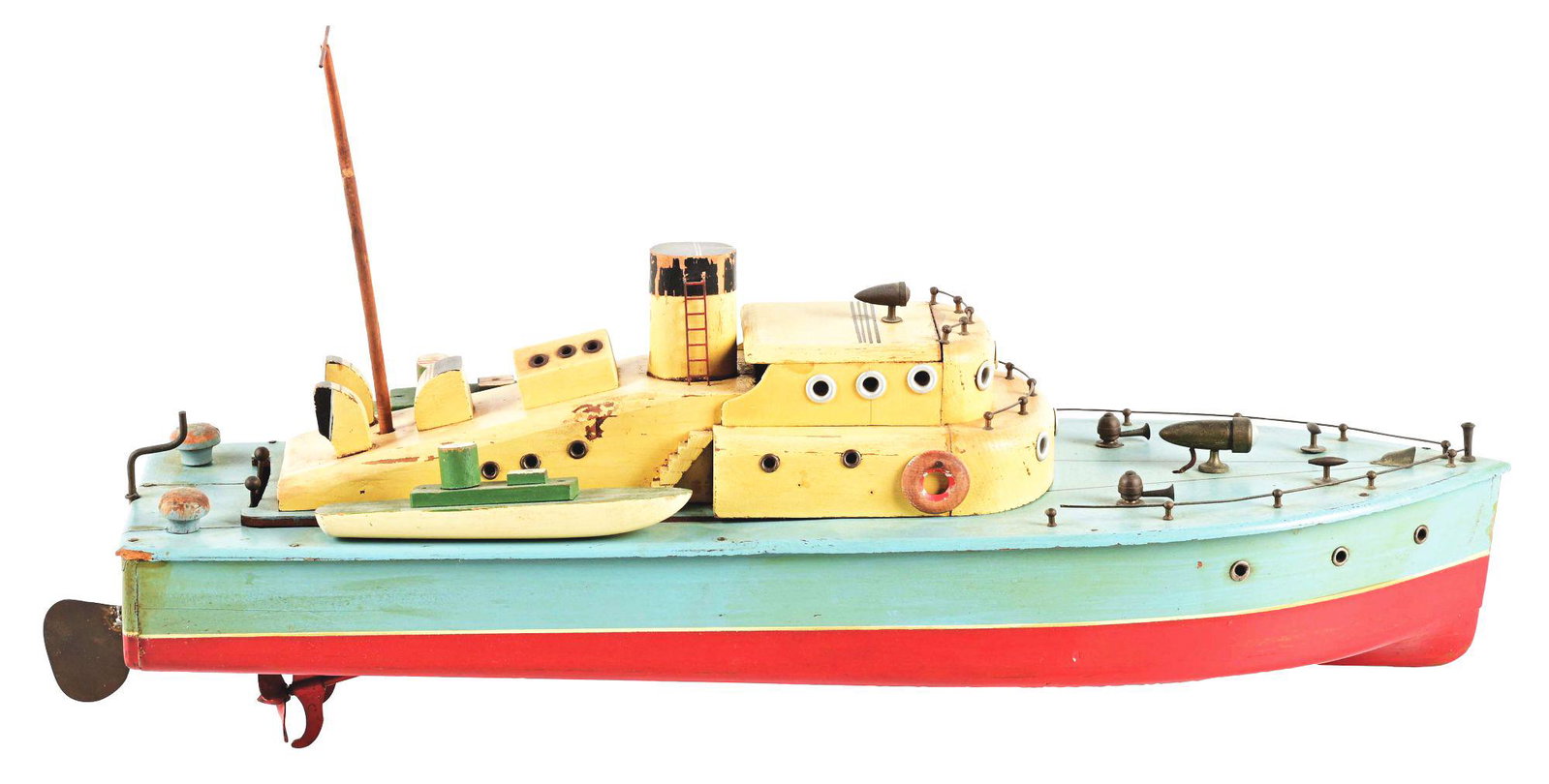 EARLY PRIMATIVE-LOOKING JAPANESE BATTERY-OPERATED WOODEN BOAT.: Unusual design. One stack of three life boats on both sides. Done in matte blue, red and yellow. Inside twin motors marked "TMY." Some general aging and wear. Condition: (Very Good - Excellent). Dimen