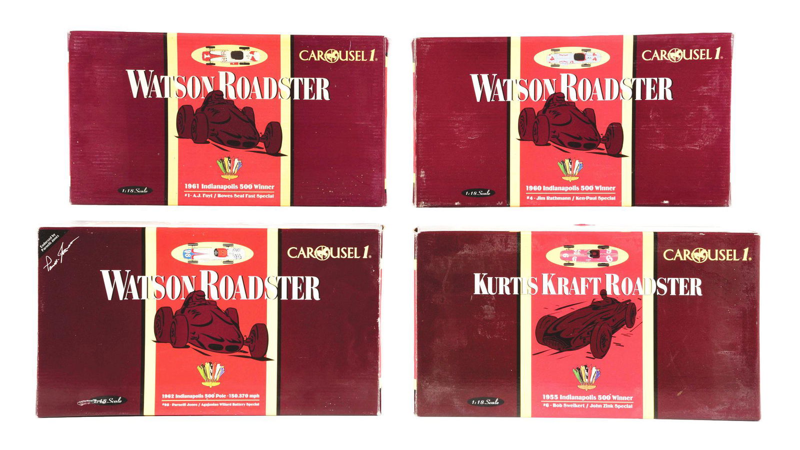 LOT OF 4: CAROUSEL WATSON ROADSTER INDIANAPOLIS 500 WINNERS DIE CAST CARS IN ORIGINAL BOXES. (1 of 4)