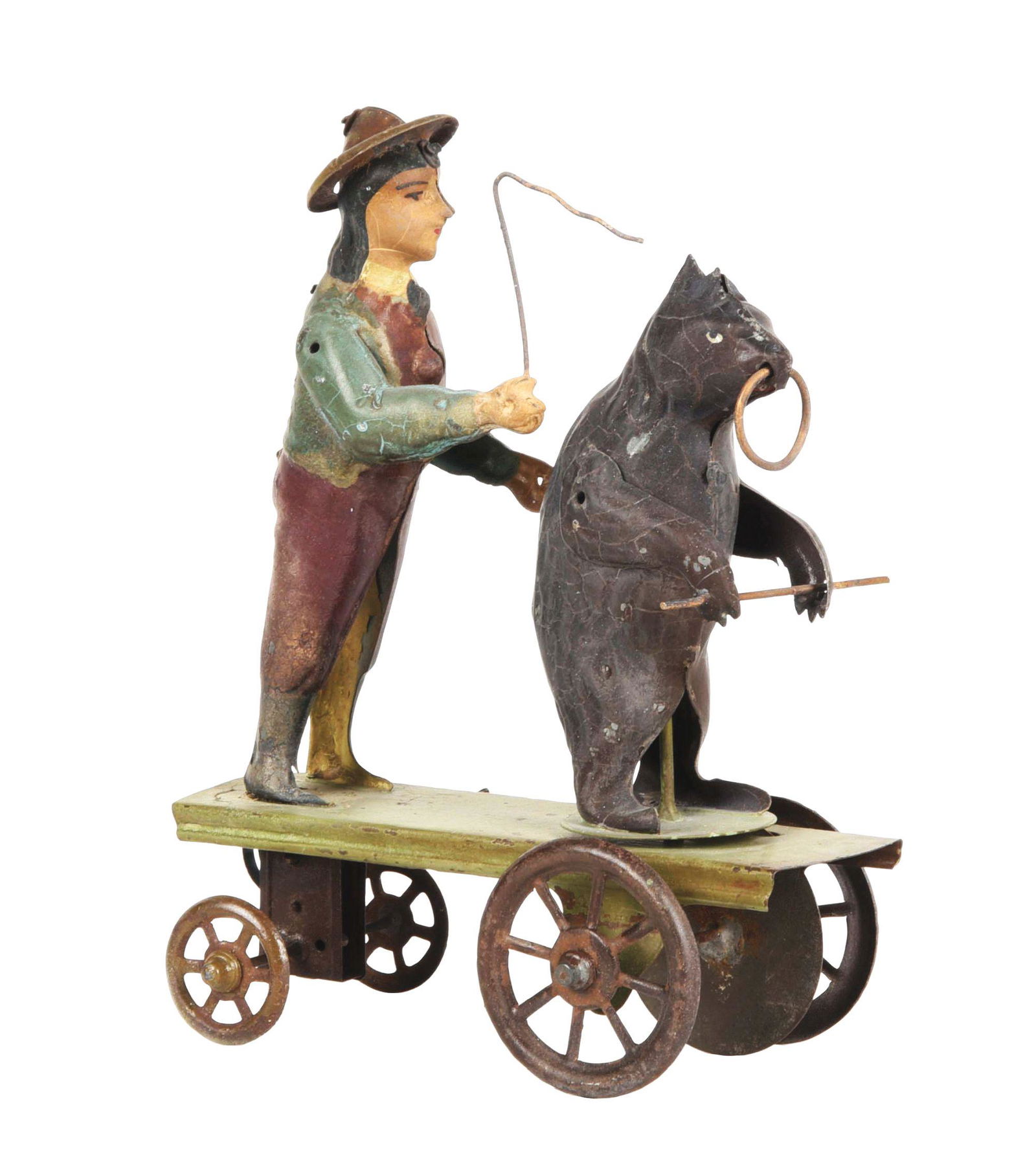 GERMAN HANDPAINTED WIND-UP BEAR TRAINER TOY ON PLATFORM. (1 of 3)