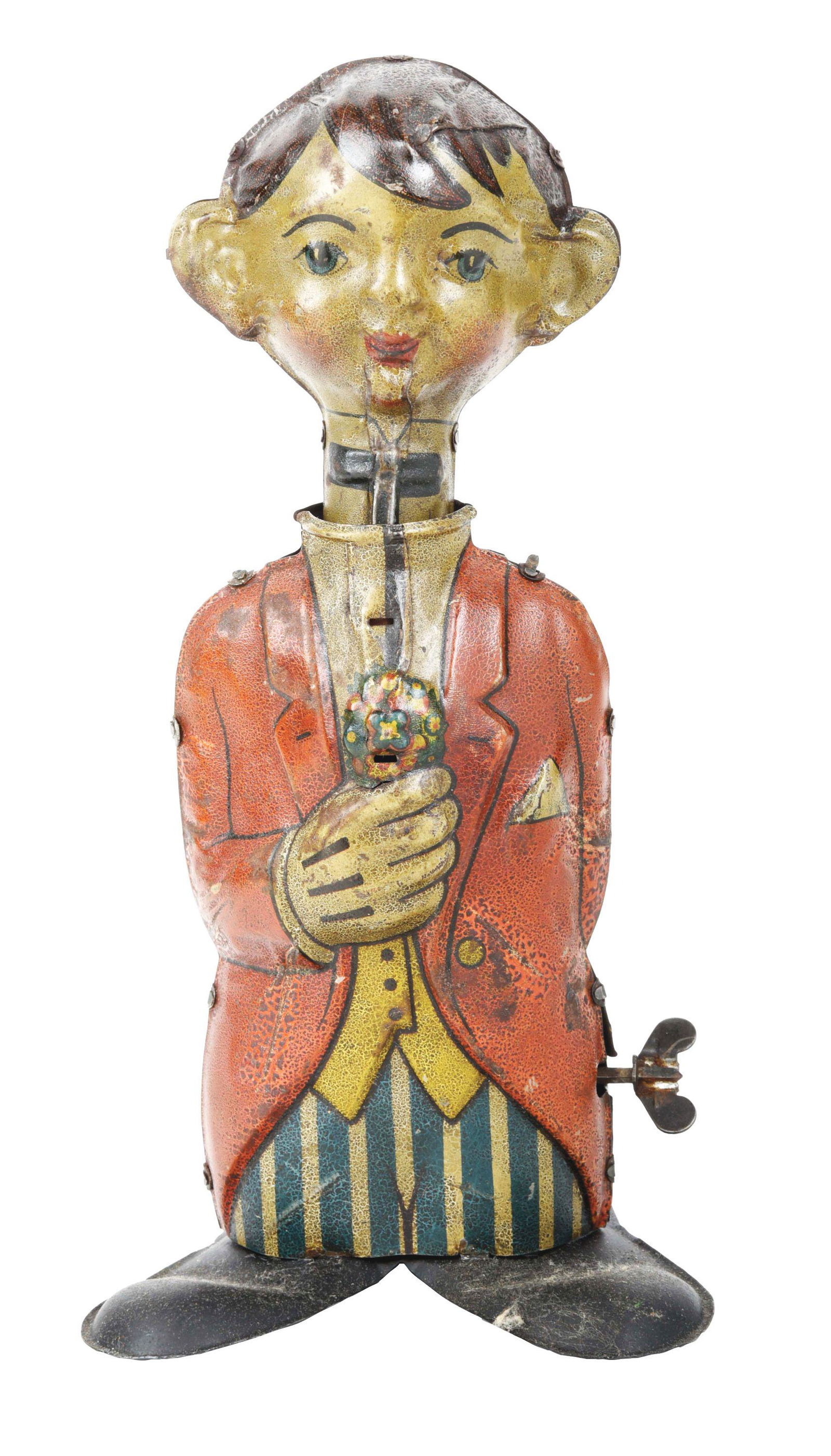 GERMAN TIN LITHO WIND-UP PRE-WAR MAN HOLDING BOUQUET OF FLOWERS. (1 of 4)