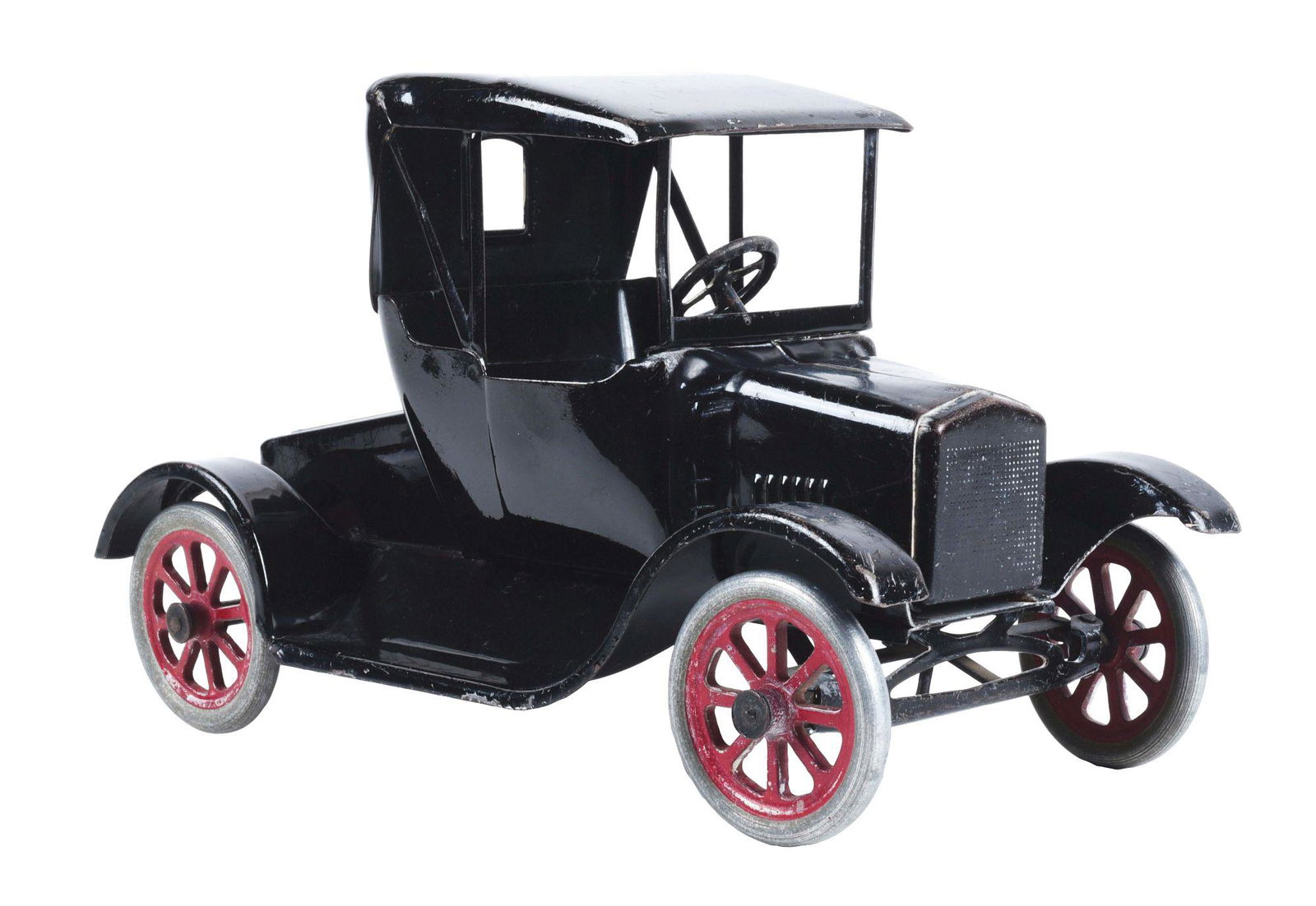 PRESSED STEEL BUDDY L FLIVVER AUTOMOBILE TOY.: Pre-war. Nice decal on bottom. Looks to be all original. Some moderate scratching and wear throughout. Condition: (Very Good - Excellent). Dimensions: 11" x 5 - 1/2" x 7".