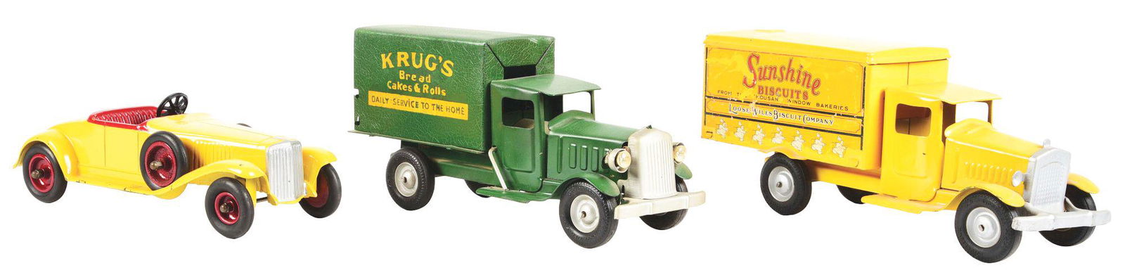 LOT OF 3: DIE CAST & PRESSED STEEL VINTAGE AMERICAN-MADE VEHICLE TOYS. (1 of 3)