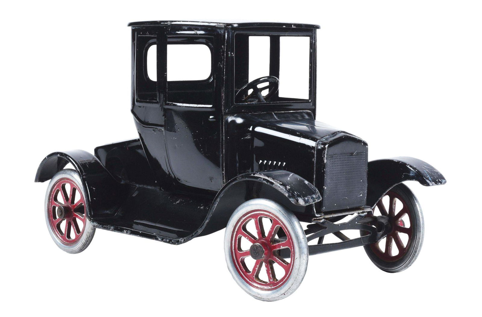 PRESSED STEEL BUDDY L FLIVVER TOY.: Pre-war, looks to be original with partial decal on bottom. Some slight bubbling under paint to roof and some moderate scratching throughout. Condition: (Very Good - Excellent). Dimensions: 11" x 5 -