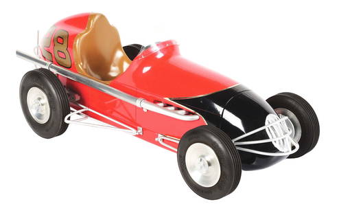 #28 RED AND BLACK WITH GOLD ACCENTS TOY CAR.: Highly detailed red and black #28 static all wood midget race car. Builder unknown. Condition: (Excellent). Dimensions: 19 - 1/4" x 8" x 6 - 3/4".