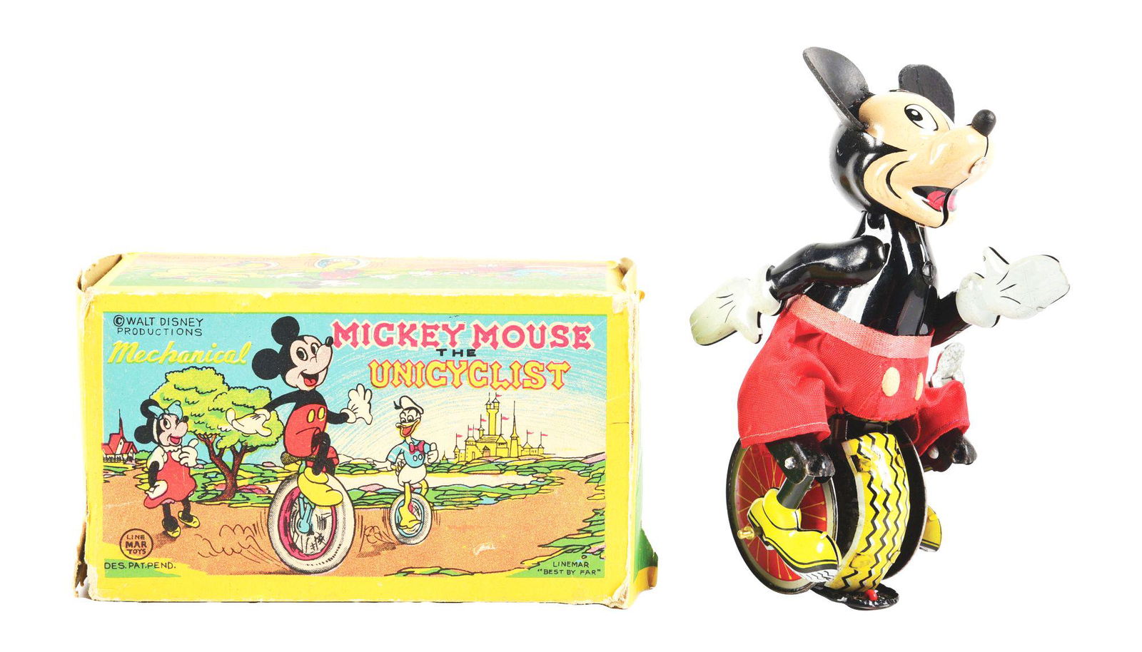 JAPANESE TIN LITHO LINEMAR MICKEY MOUSE UNICYCLIST TOY IN ORIGINAL BOX. (1 of 4)