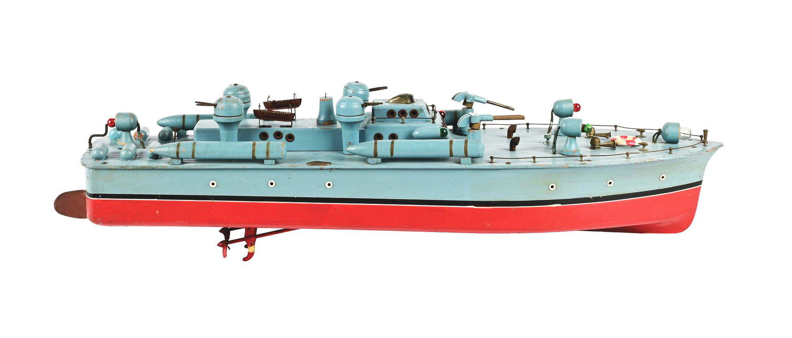 JAPANESE BATTERY-OPERATED WOODEN BOAT.: Torpedo Destroyer boat looks to be all original. Done in matte blue with a red finish and black and cream striping. May have some paint touch-up and repaint to bottom haul. Looks to be missing one cen