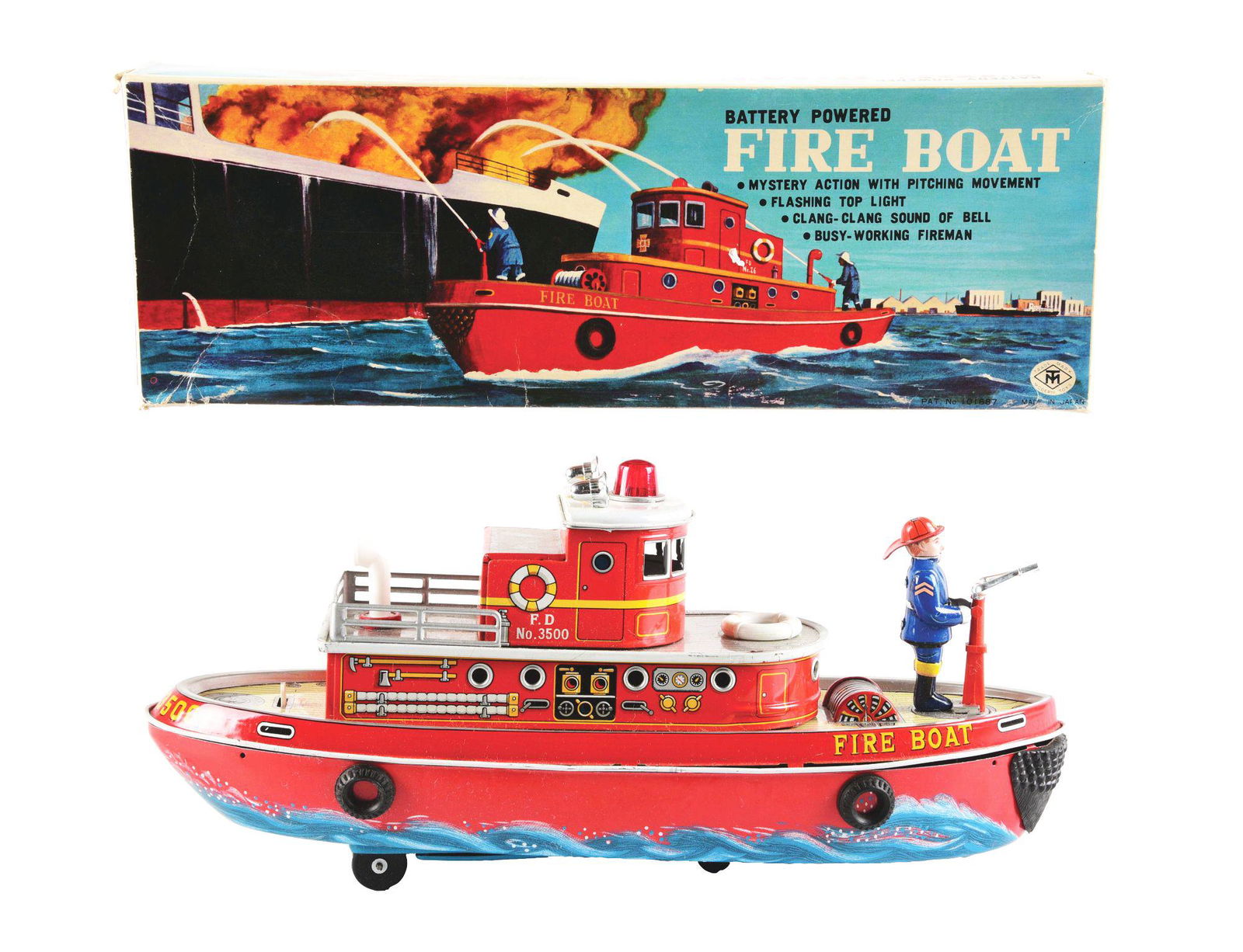 SCARCE JAPANESE TIN LITHO BATTERY-OPERATED FIRE BOAT IN ORIGINAL BOX. (1 of 3)
