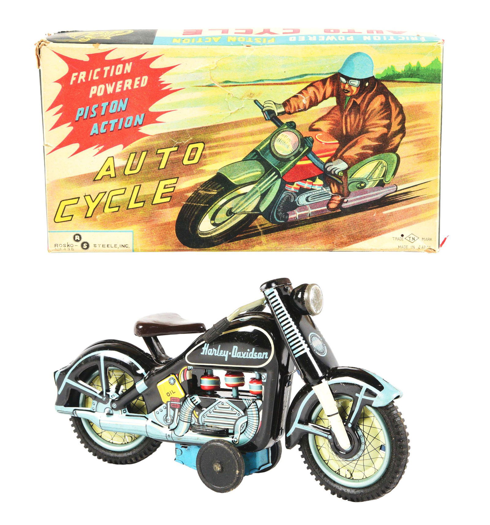 JAPANESE TIN LITHO FRICTION HARLEY DAVIDSON MOTORCYCLE TOY IN ORIGINAL BOX. (1 of 3)