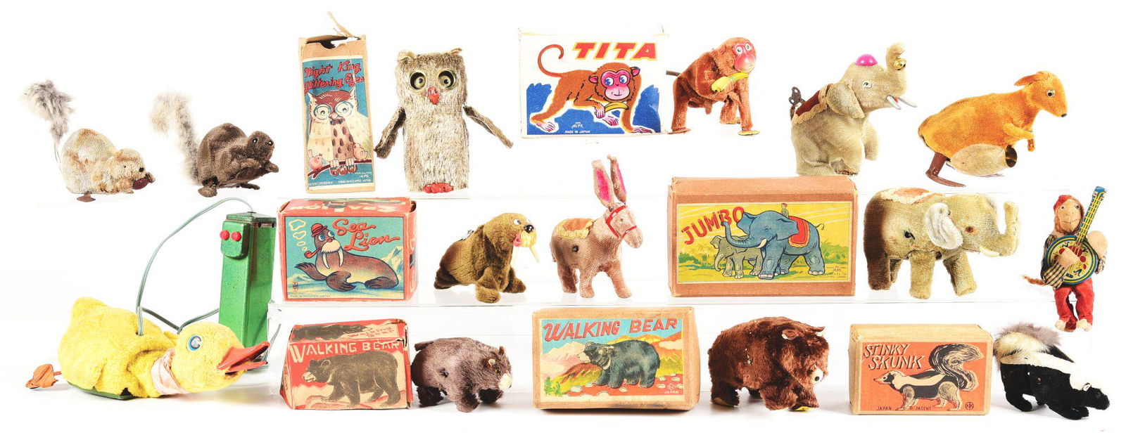 APPROXIMATELY 15 JAPANESE FUR-COVERED WIND-UP ANIMAL TOYS. (1 of 1)