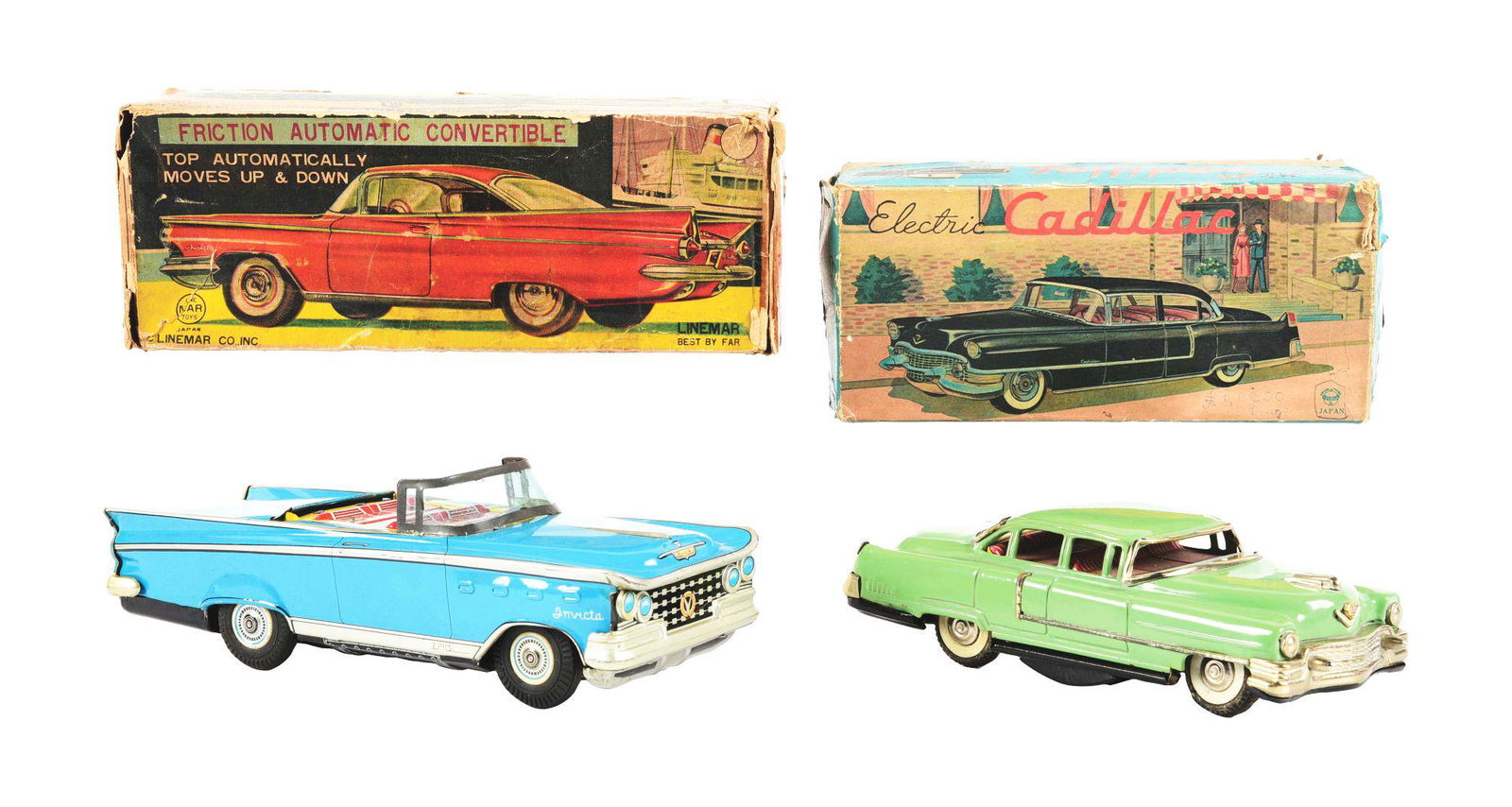 LOT OF 2: JAPANESE BATTERY-OPERATED & FRICTION TIN LITHO AUTOMOBILE TOYS IN ORIGINAL BOXES.: (A) Suzuki & Edwards battery-operated electric Cadillac in unusual green litho coloring. (B) Linemar friction Buick Invicta. Very little wear to cars. Some creasing and edgewear to boxes. Condition: (