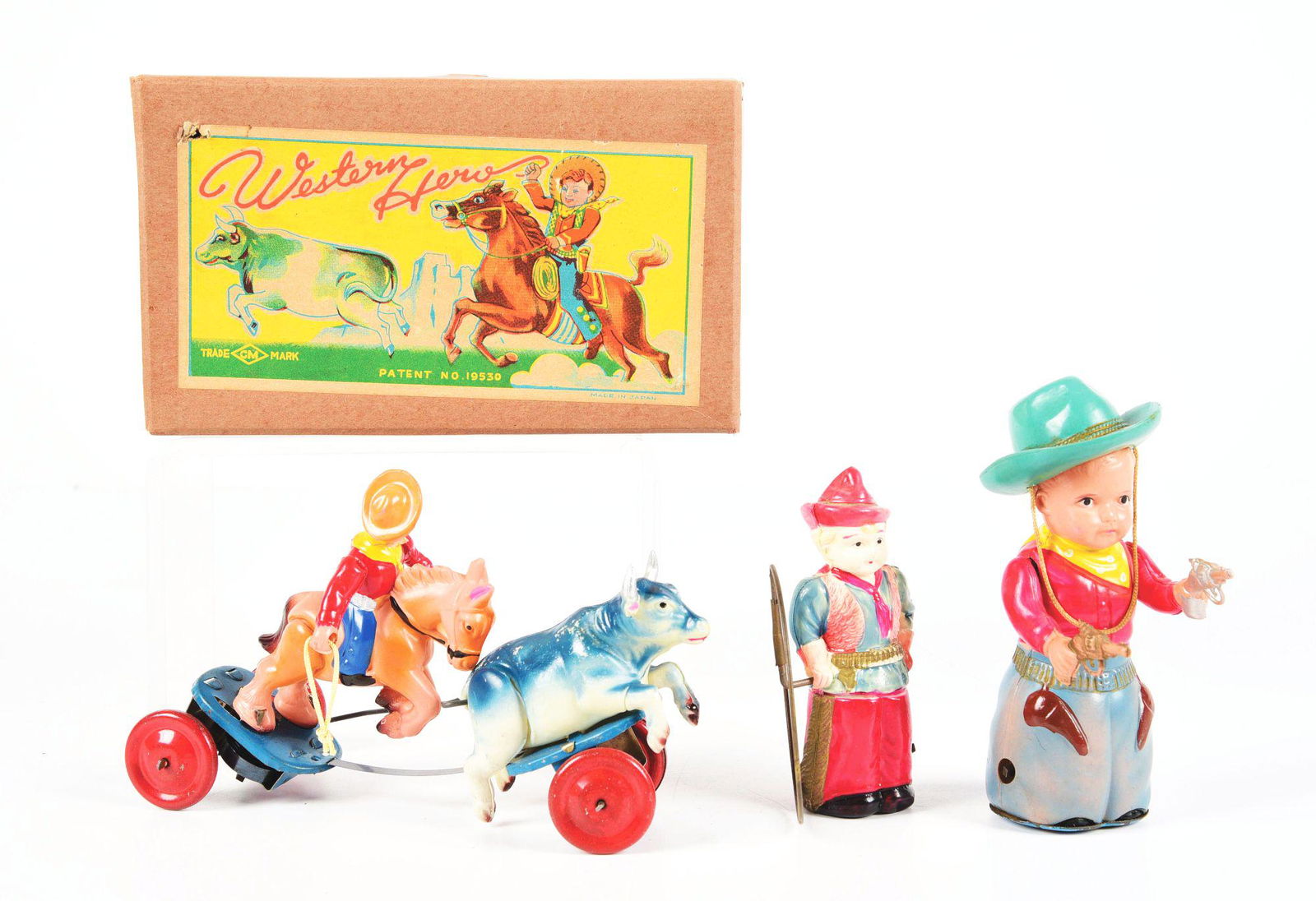 LOT OF 3: JAPANESE CELLUOID OCCUPIED JAPAN COWBOY-THEMED TOYS. (1 of 3)